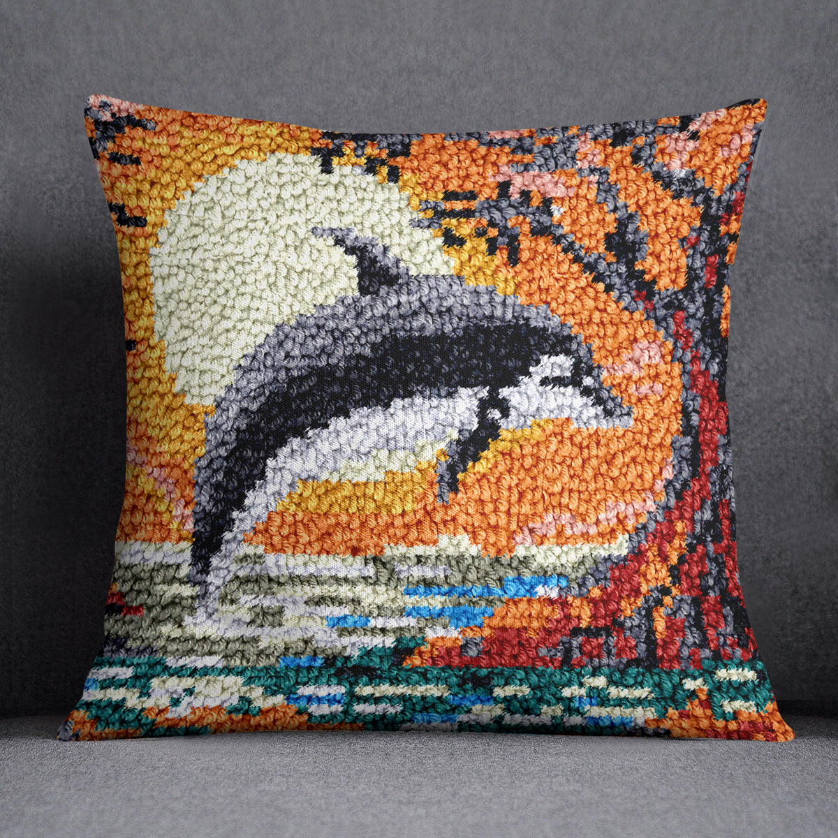 Dancing Dolphin at Sunset - Latch Hook Pillow Kit