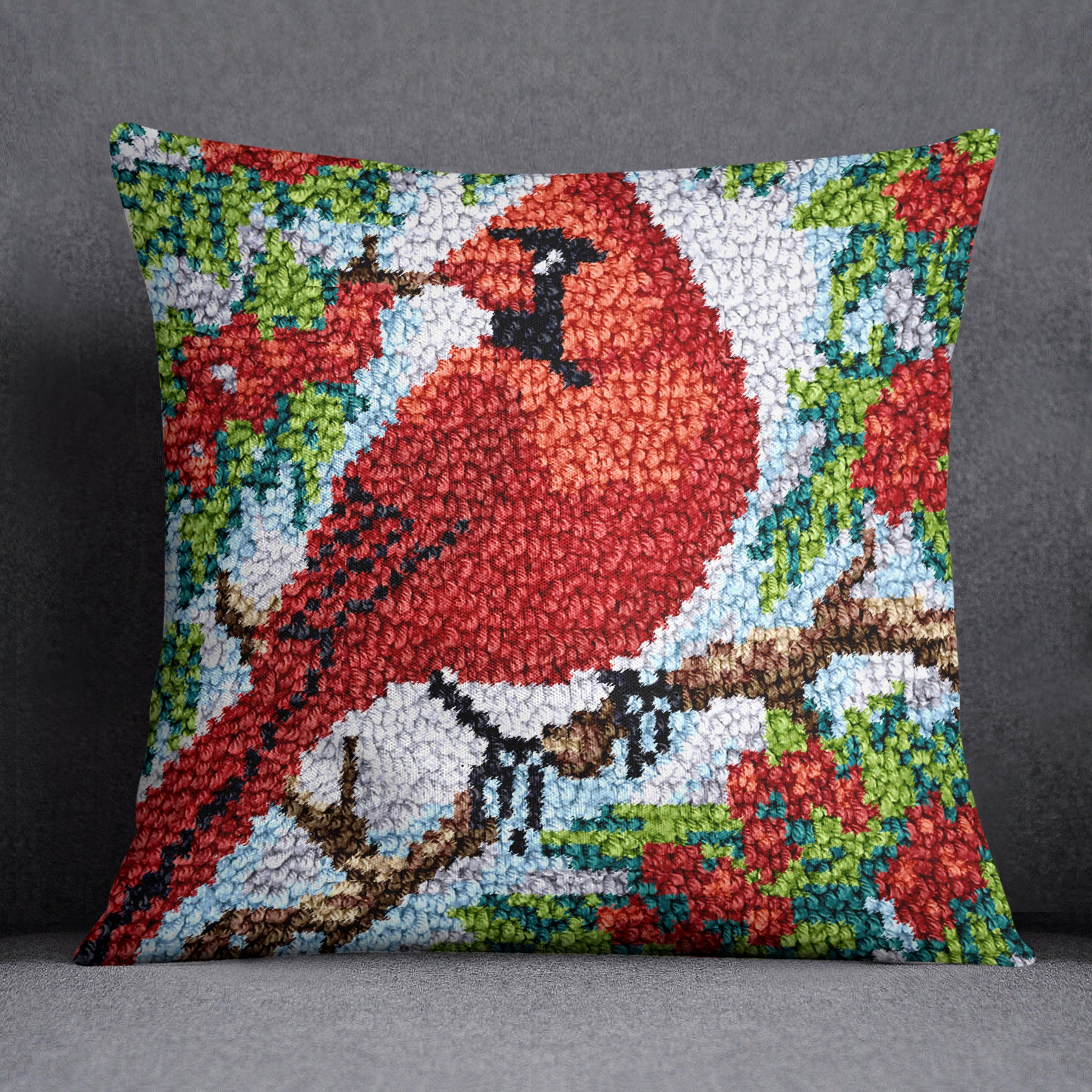 Vibrant Cardinal in Bloom - Latch Hook Pillow Kit