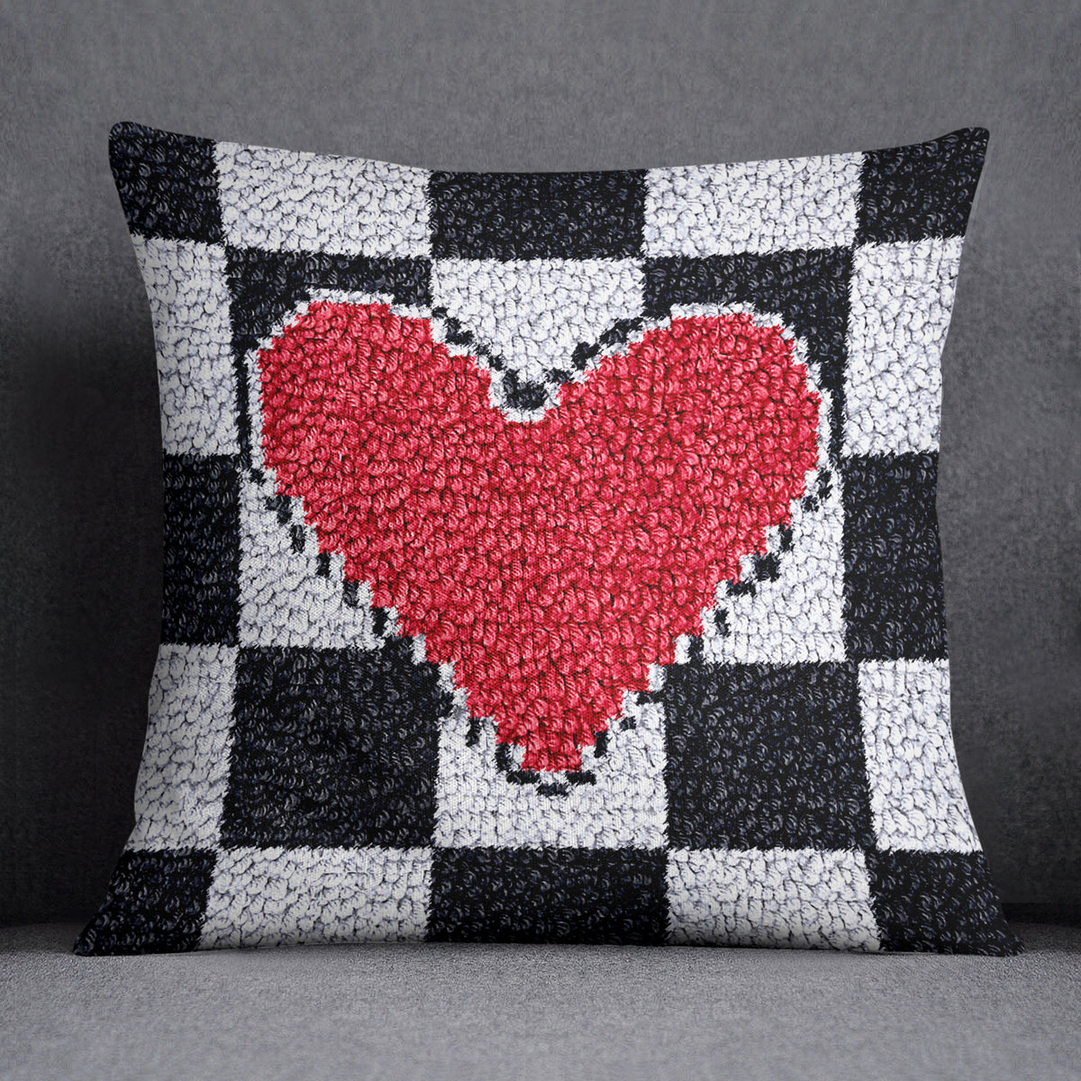 Heartfelt Checkered Elegance - Latch Hook Pillow Kit