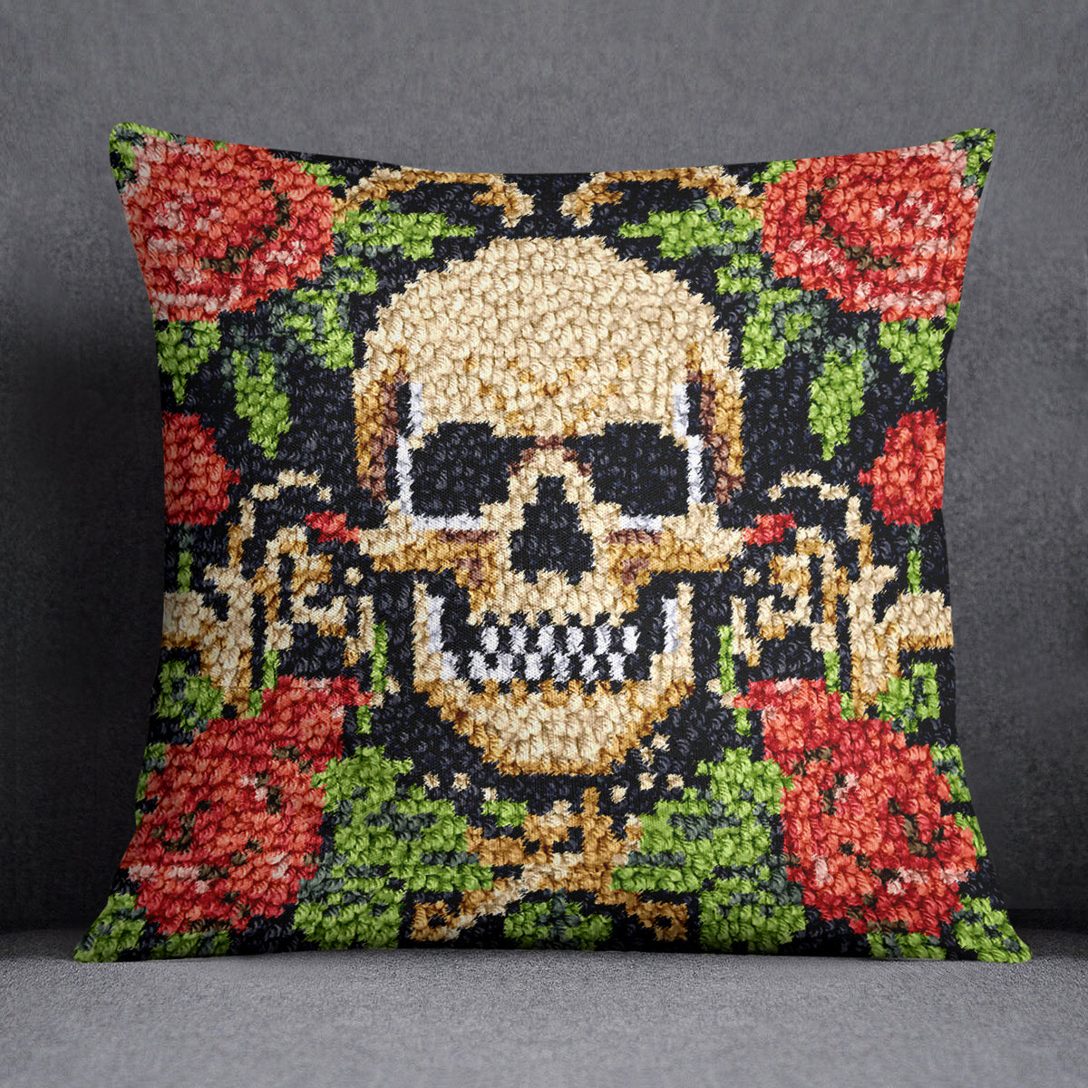 Rose and Skull Embroidery Art - Latch Hook Pillow Kit