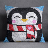 Cheerful Penguin Knitting Artwork - Latch Hook Pillow Kit