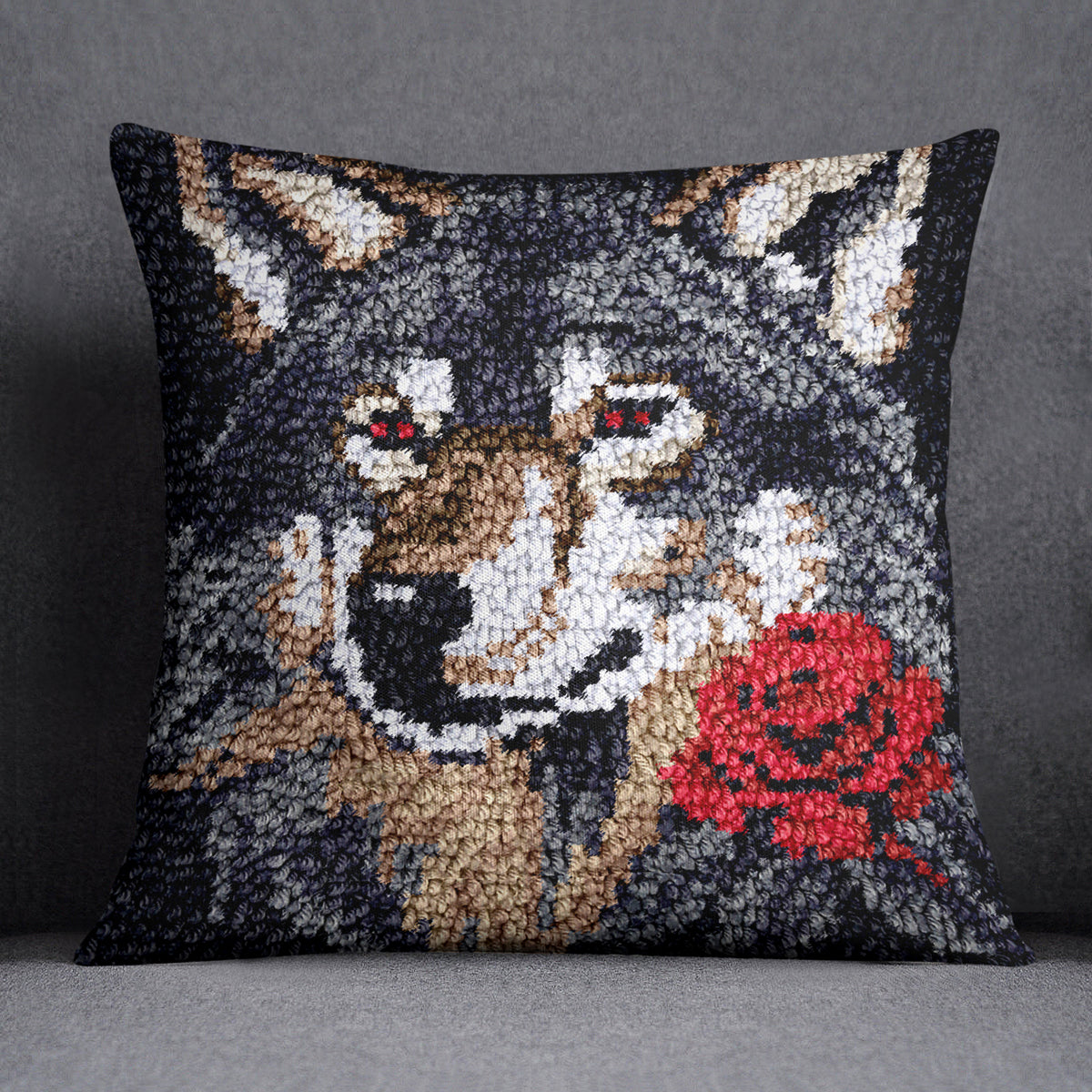 Wolf Embrace: Floral Majesty - Latch Hook Pillow Kit