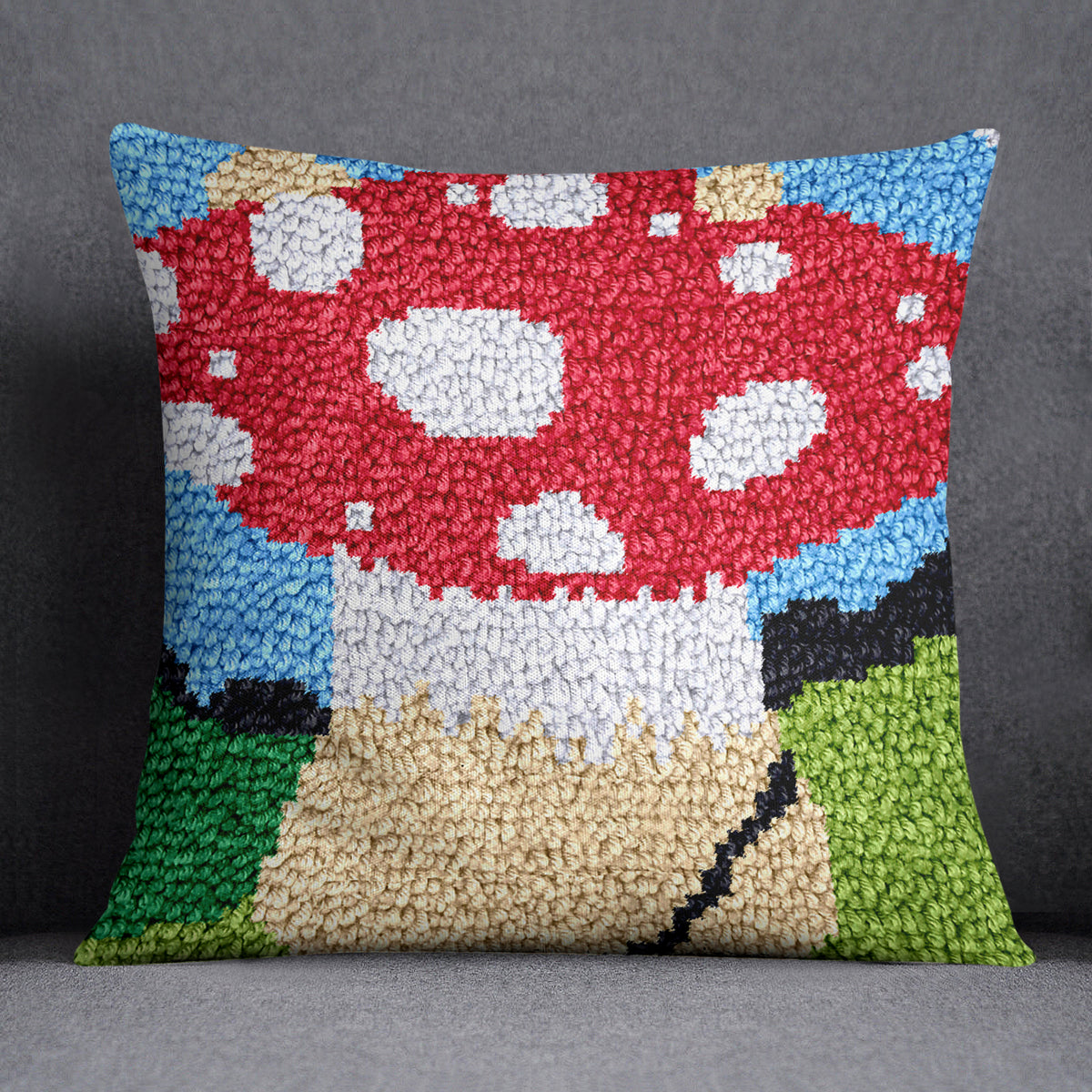 Whimsical Red Mushroom Fantasy - Latch Hook Pillow Kit