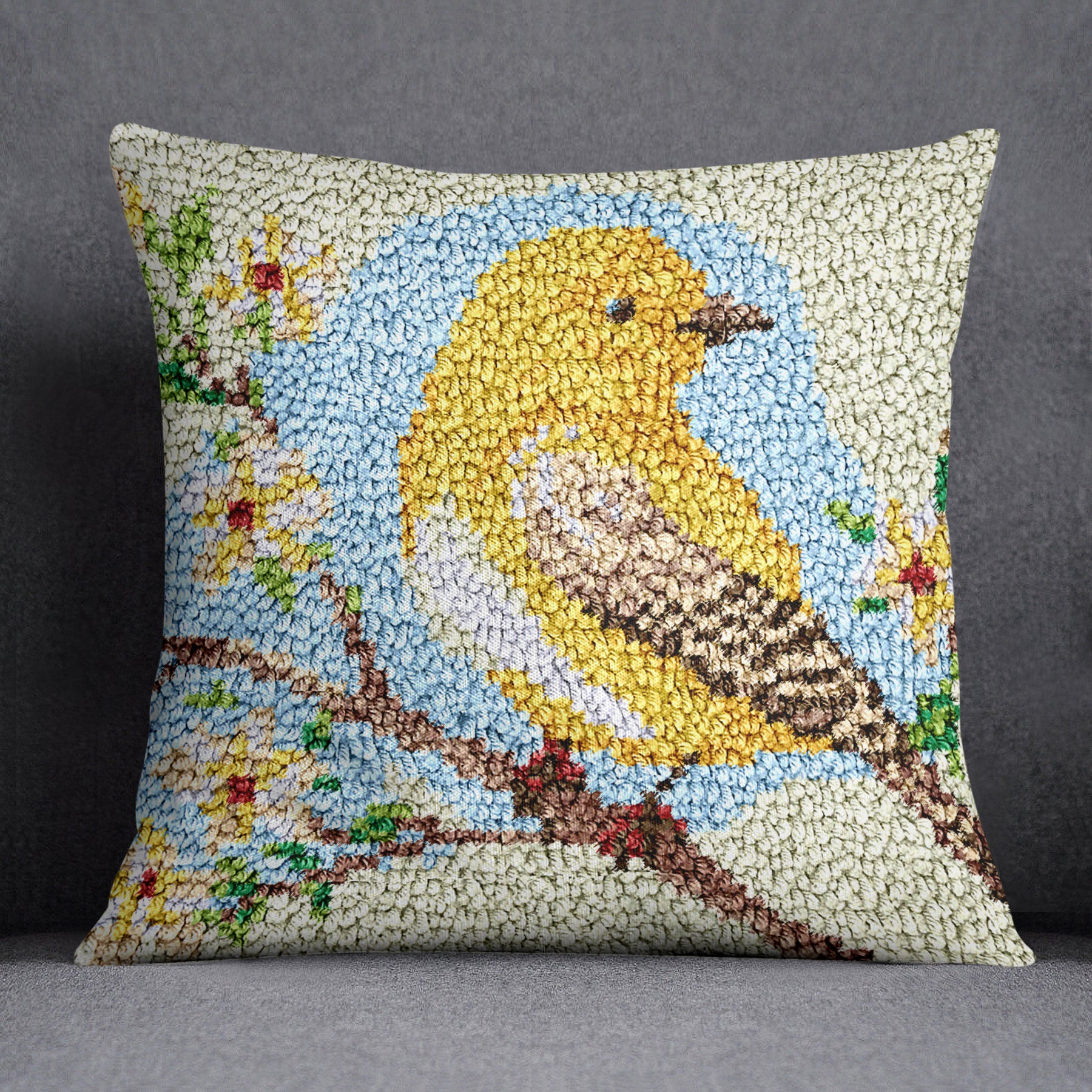 Golden Bird on Blooming Branch - Latch Hook Pillow Kit