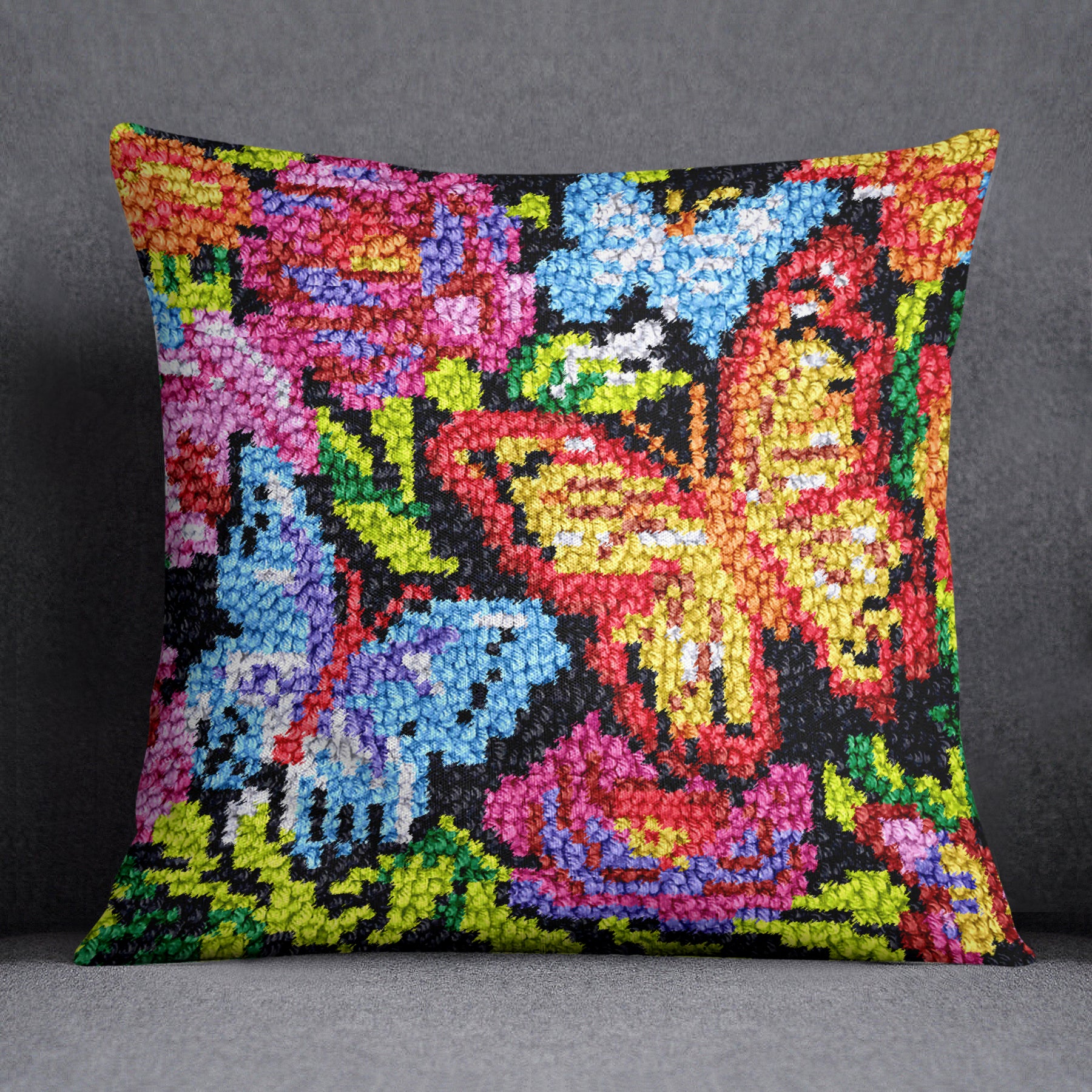 Colorful Butterflies and Flowers - Latch Hook Pillow Kit