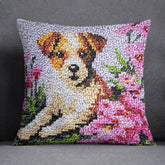 Playful Pup in Bloom - Latch Hook Pillow Kit