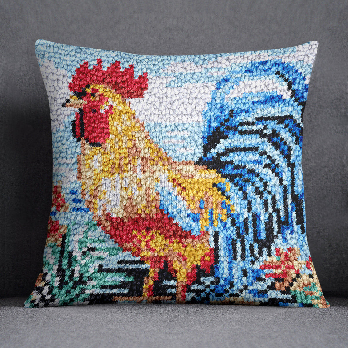 Vibrant Rooster Tapestry - Latch Hook Pillow Kit