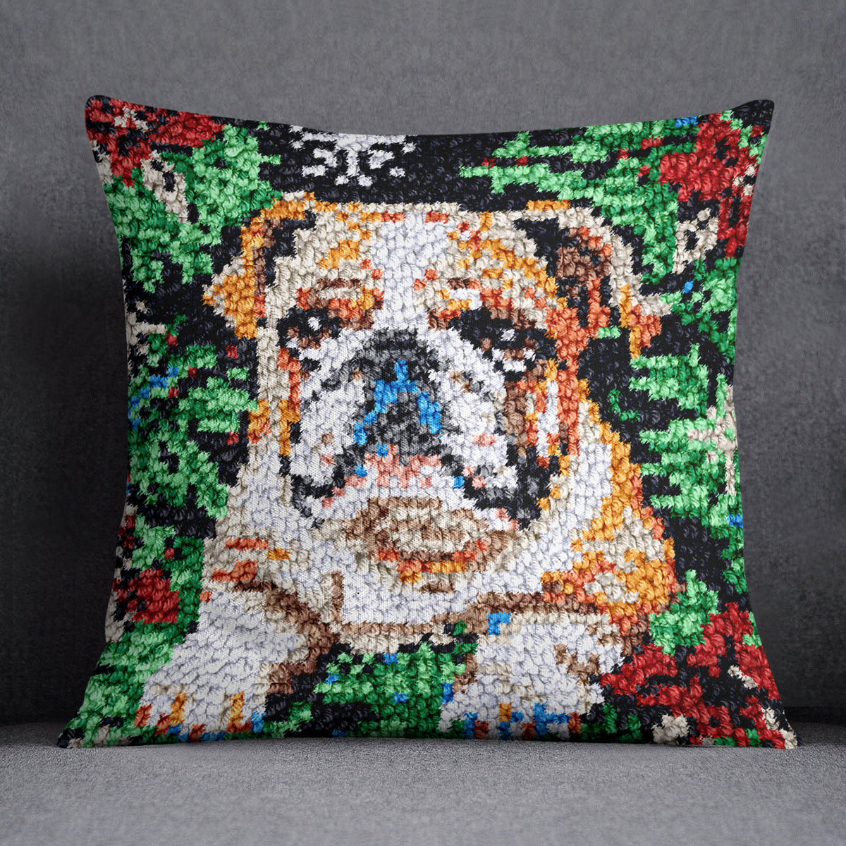 Charming Bulldog in Festive Greens - Latch Hook Pillow Kit