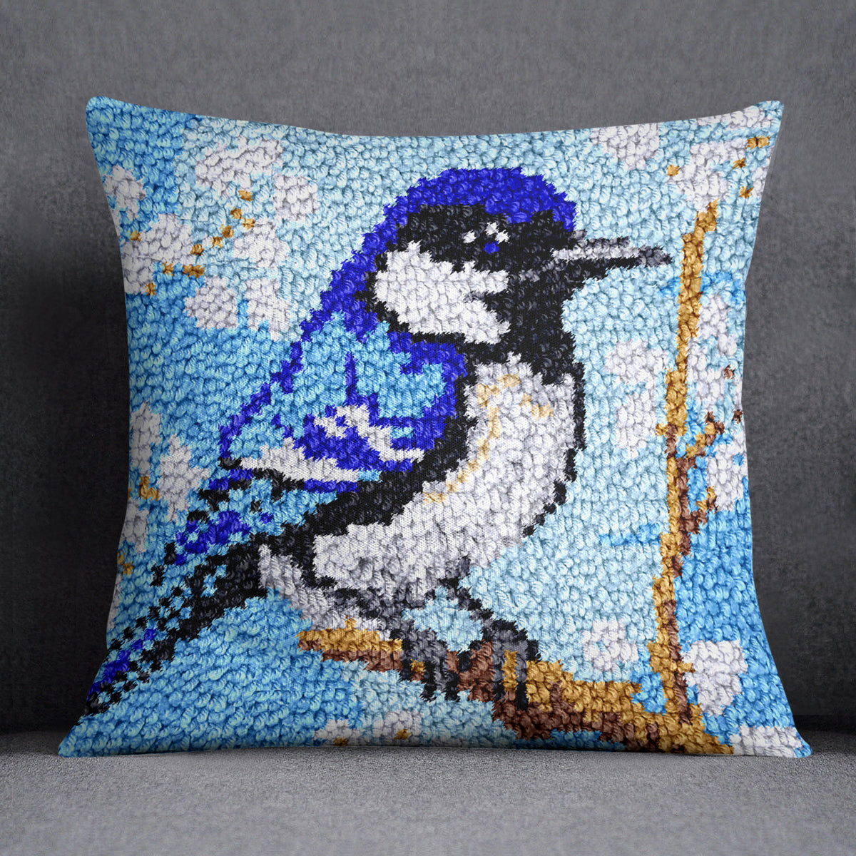 Serenity in Blue: A Blue Jay's Paradise - Latch Hook Pillow Kit