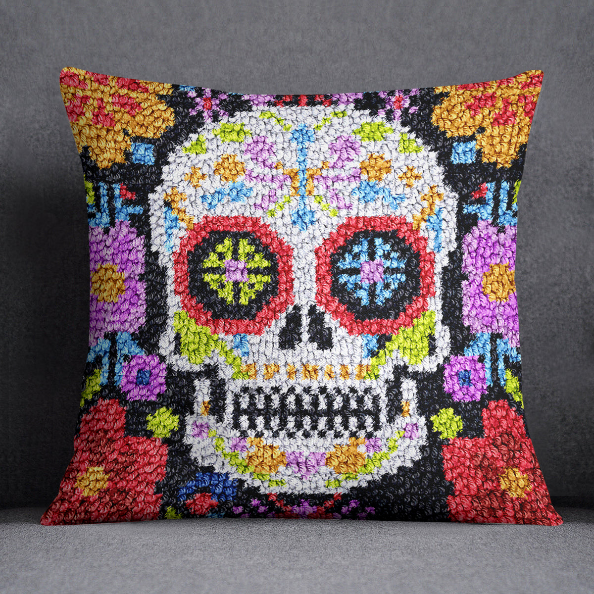 Vibrant Sugar Skull Art - Latch Hook Pillow Kit