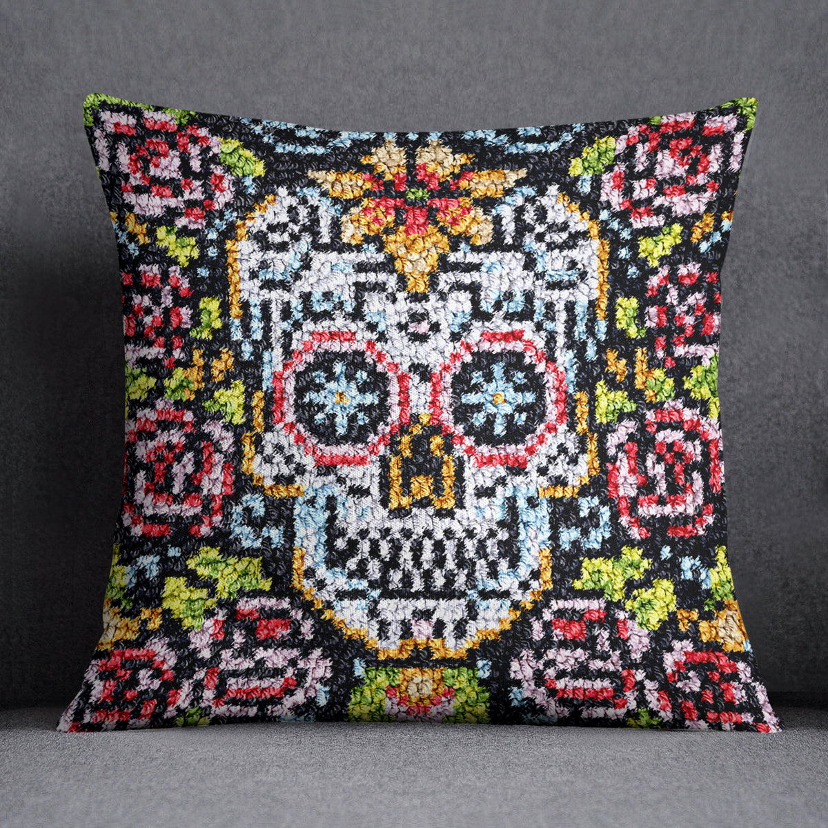 Vibrant Day of the Dead Skull - Latch Hook Pillow Kit