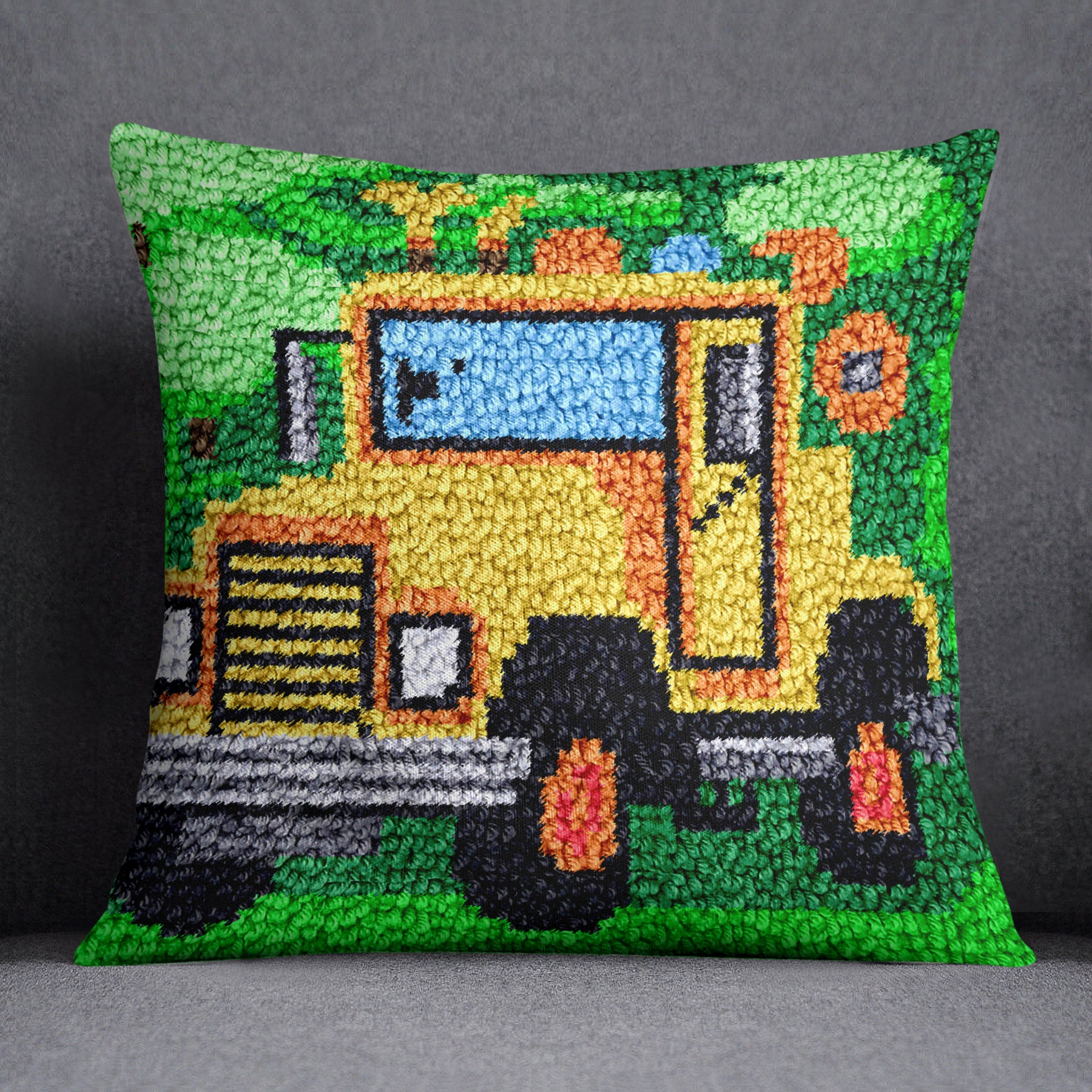 Cheerful Yellow Truck in a Green Landscape - Latch Hook Pillow Kit