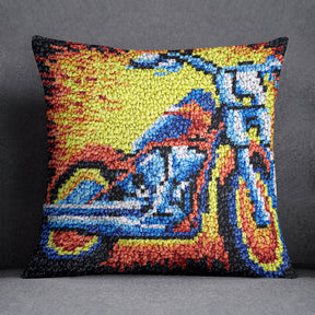 Chrome Elegance: A Motorcycle in Motion - Latch Hook Pillow Kit