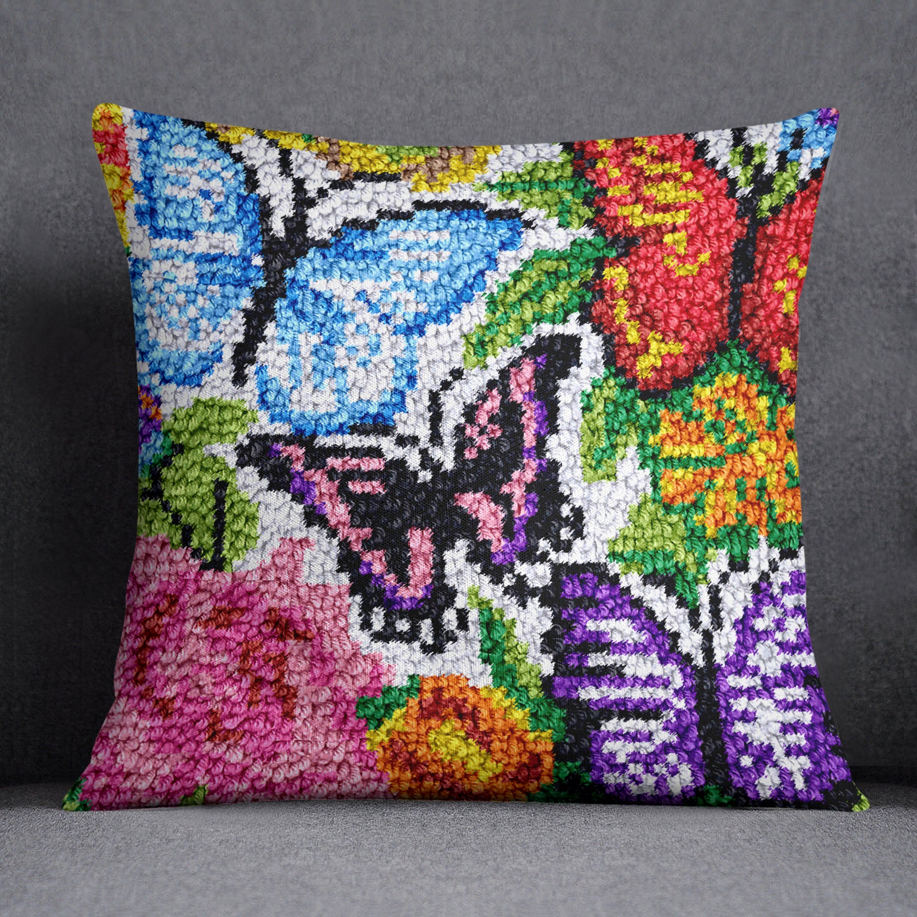 Vibrant Butterflies in Bloom - Latch Hook Pillow Kit