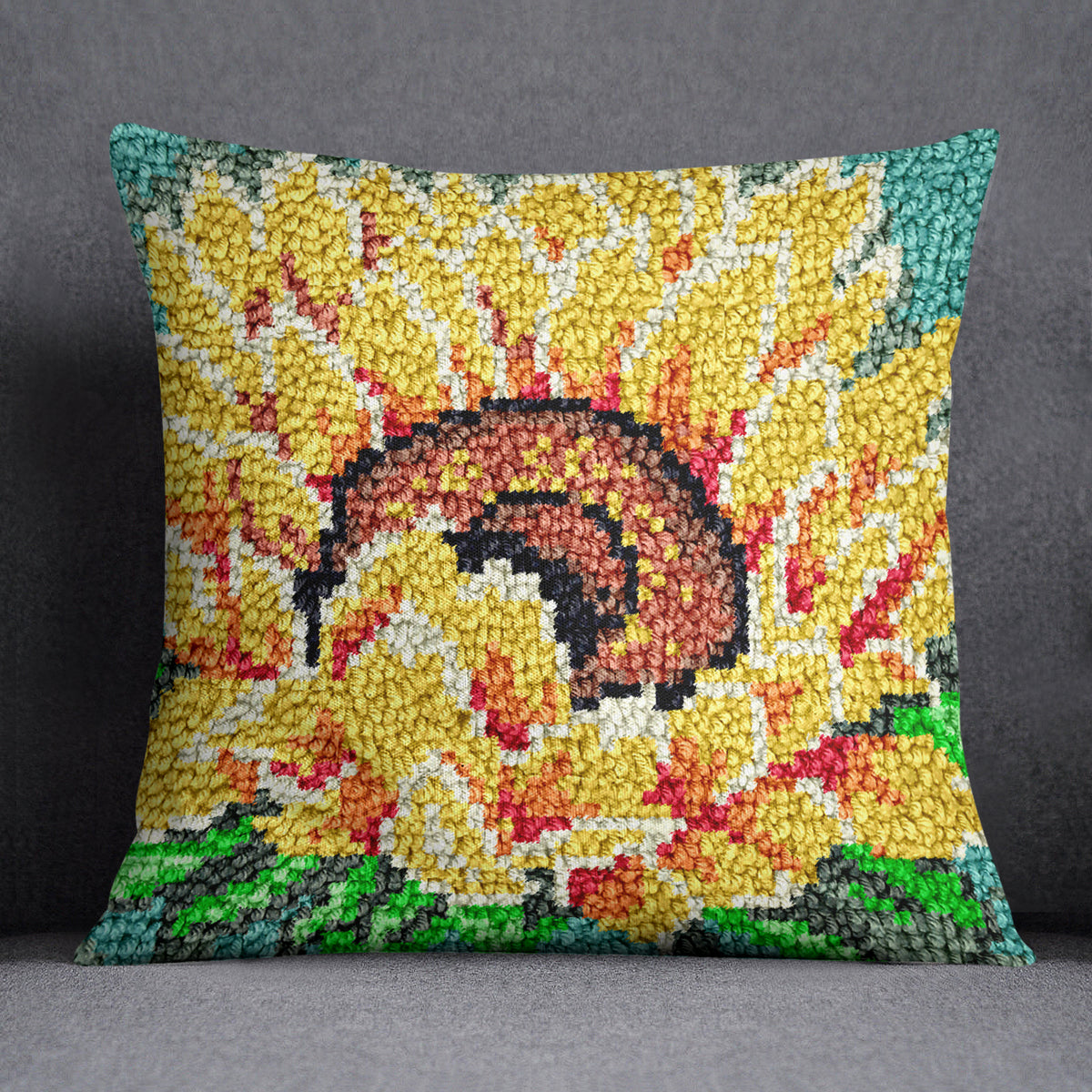 Vibrant Sunflower Embroidery - Latch Hook Pillow Kit