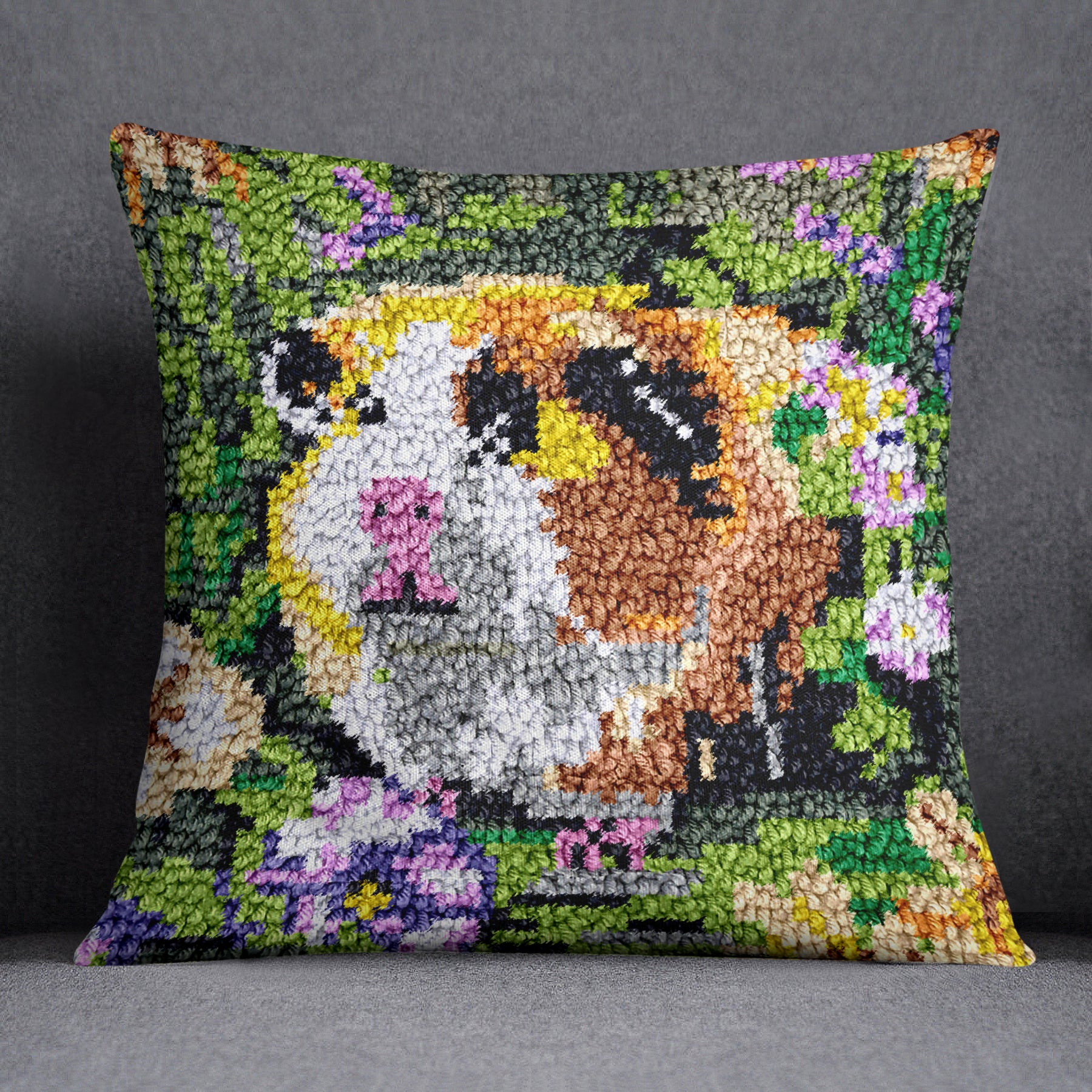 Charming Guinea Pig in a Floral Meadow - Latch Hook Pillow Kit