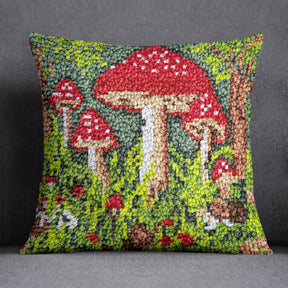 Whimsical Red Mushrooms in the Forest - Latch Hook Pillow Kit