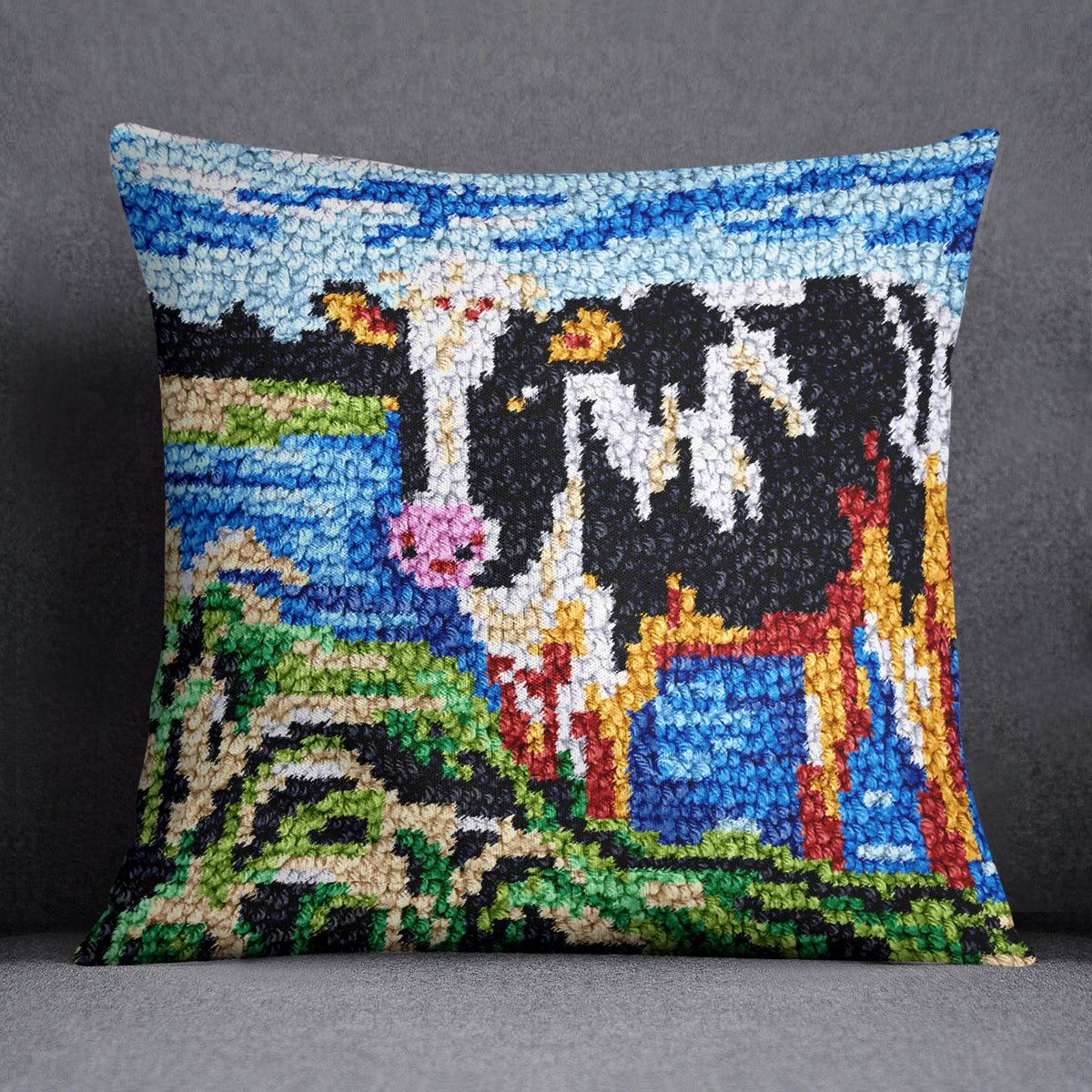 Pastoral Serenity: The Cow by the Stream - Latch Hook Pillow Kit