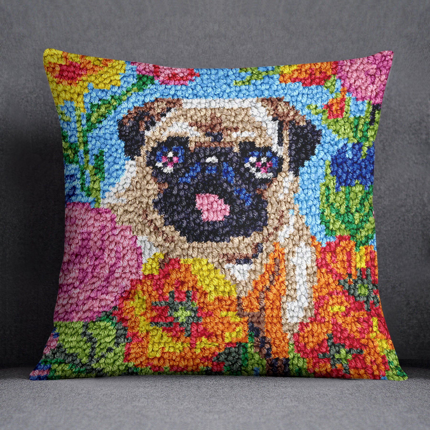 Floral Pug Charm - Latch Hook Pillow Kit