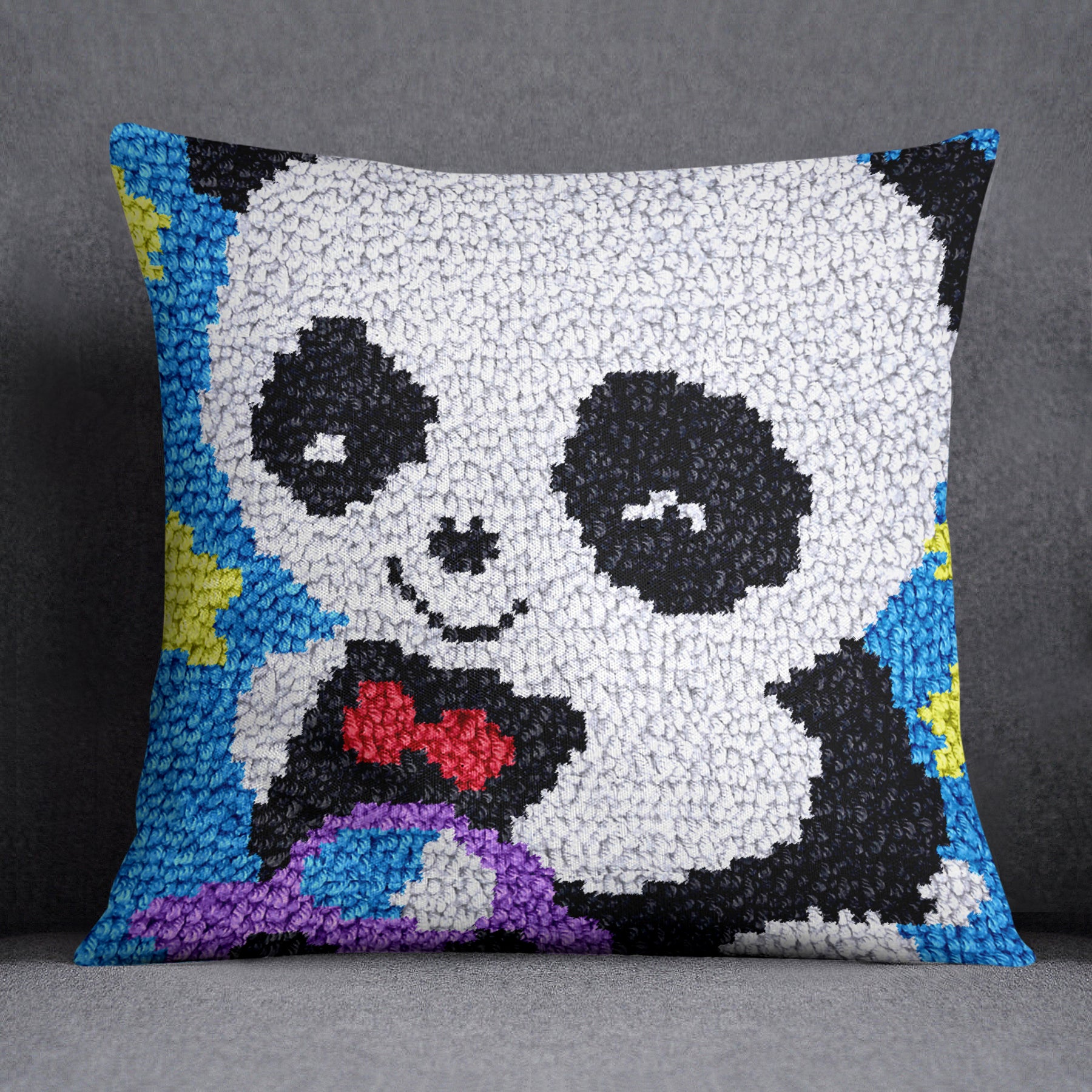 Cheerful Panda with Car - Latch Hook Pillow Kit