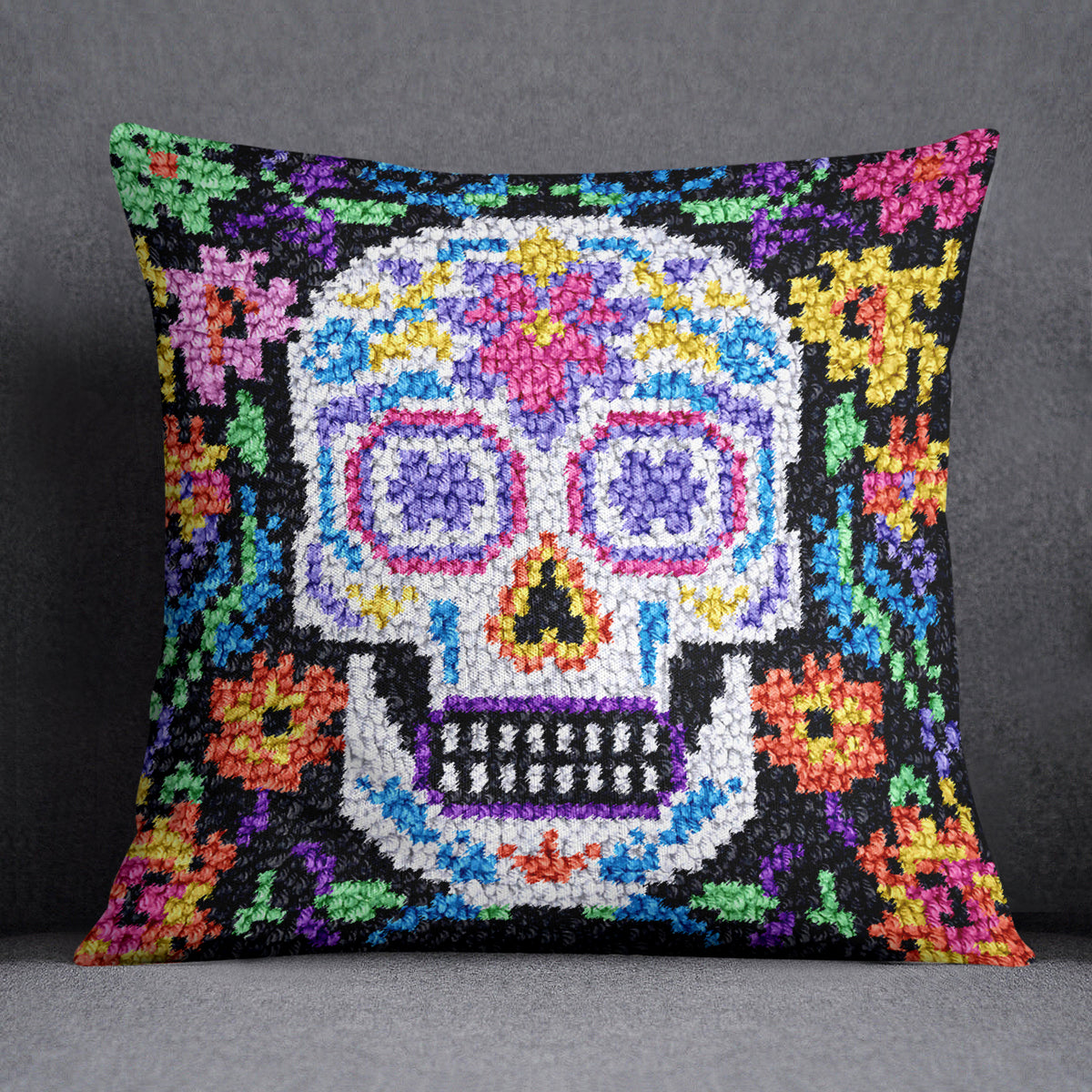 Colorful Day of the Dead Skull - Latch Hook Pillow Kit