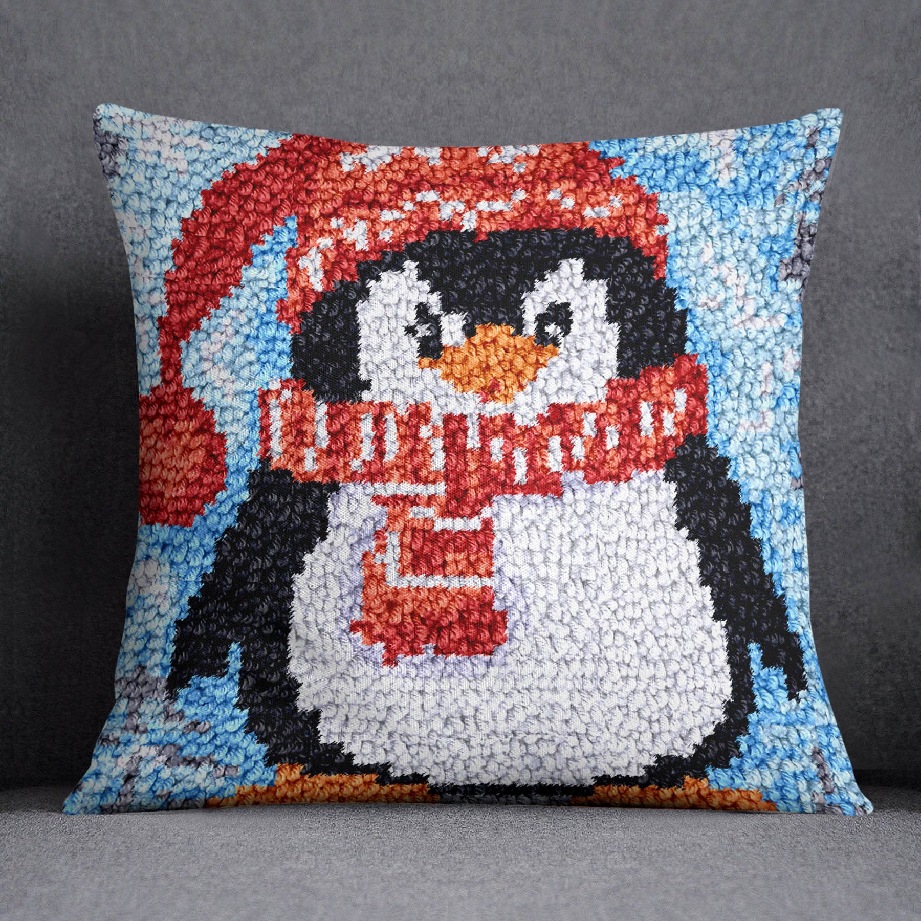 Charming Penguin in Winter Wear - Latch Hook Pillow Kit