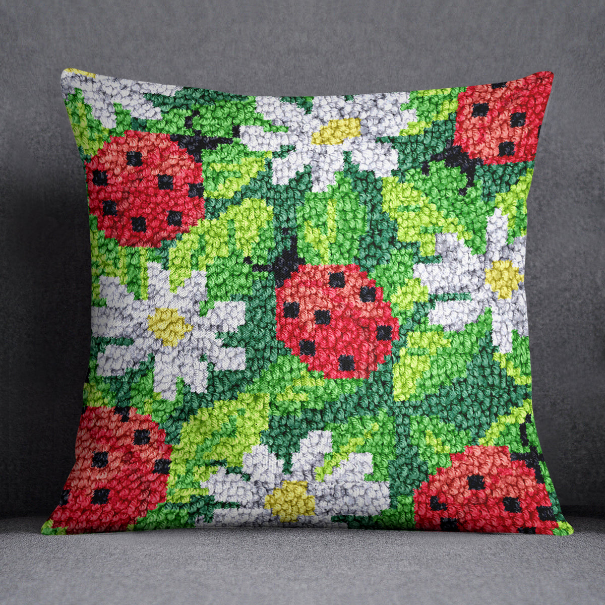 Cheerful Ladybugs and Daisies - Latch Hook Pillow Kit