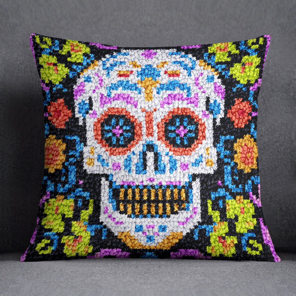 Colorful Day of the Dead Skull - Latch Hook Pillow Kit