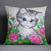 Whimsical Kitten in Floral Garden - Latch Hook Pillow Kit