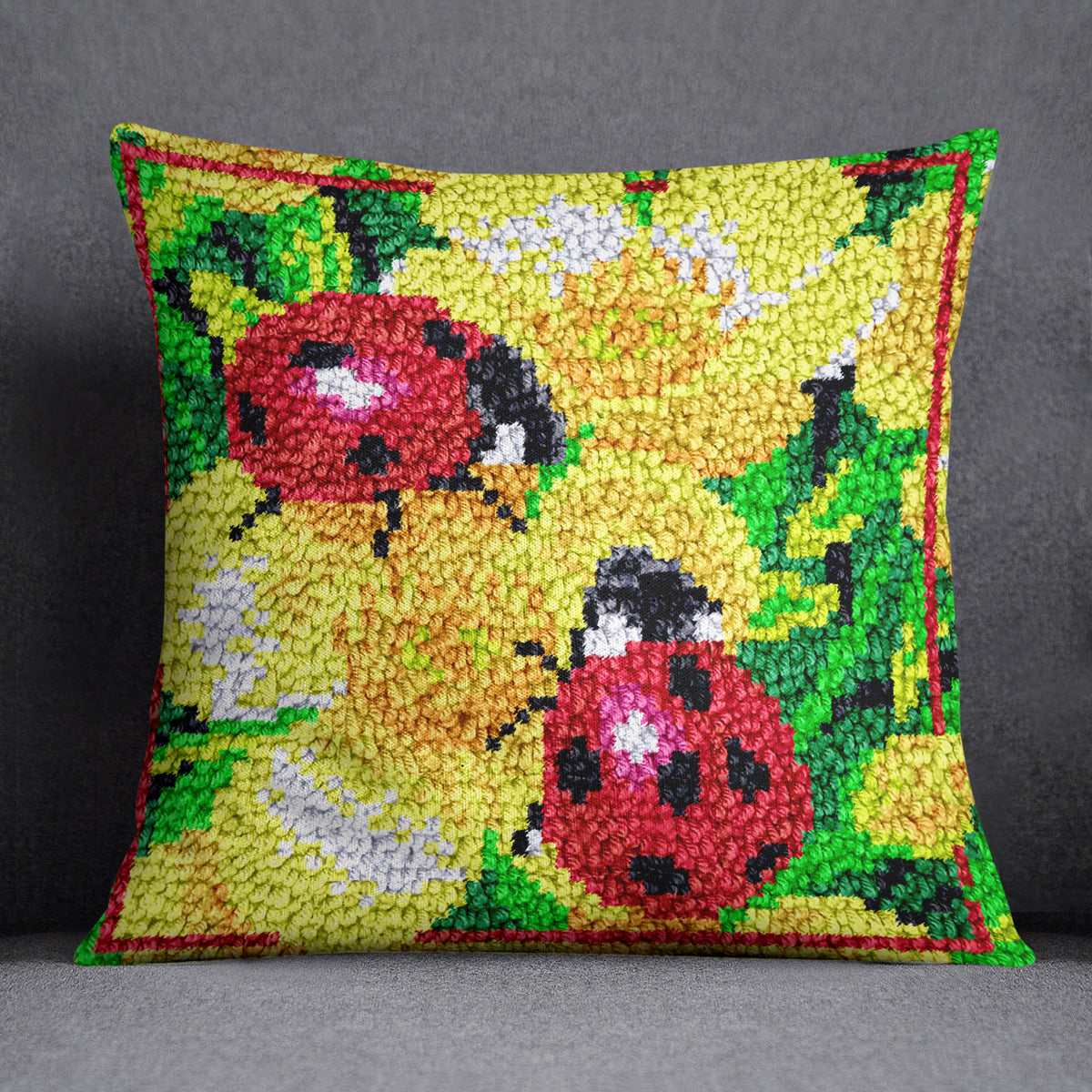 Joyful Ladybugs in Bloom - Latch Hook Pillow Kit