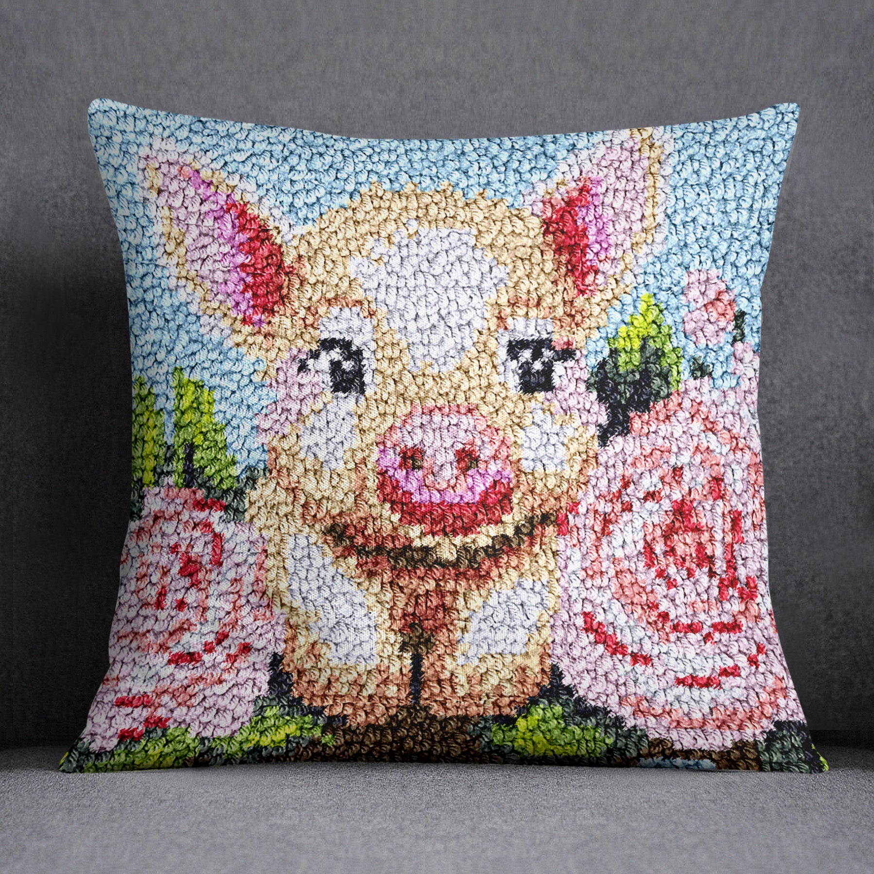 Whimsical Piglet Among Roses - Latch Hook Pillow Kit