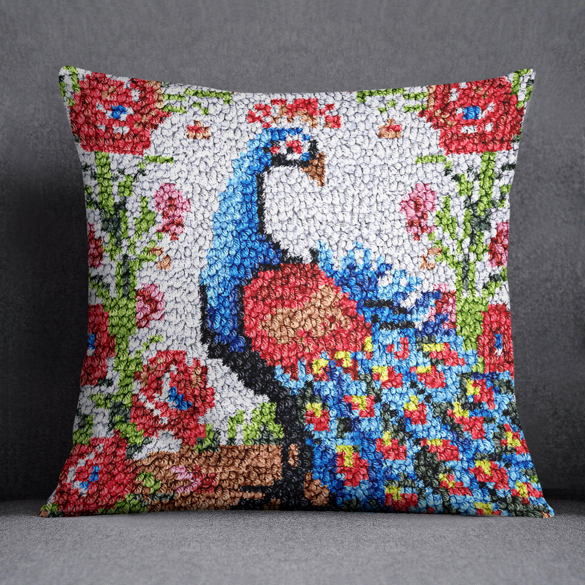 Majestic Peacock in Blooming Garden - Latch Hook Pillow Kit