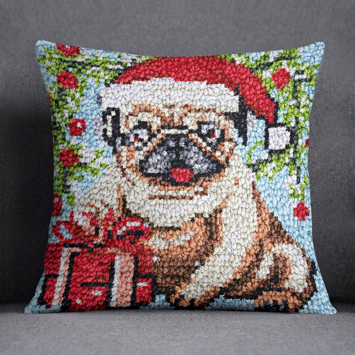 Festive Pug in Christmas Cheer - Latch Hook Pillow Kit