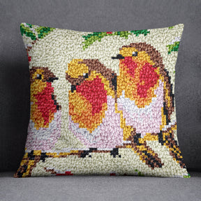 Cheerful Robins in a Winter Garden - Latch Hook Pillow Kit