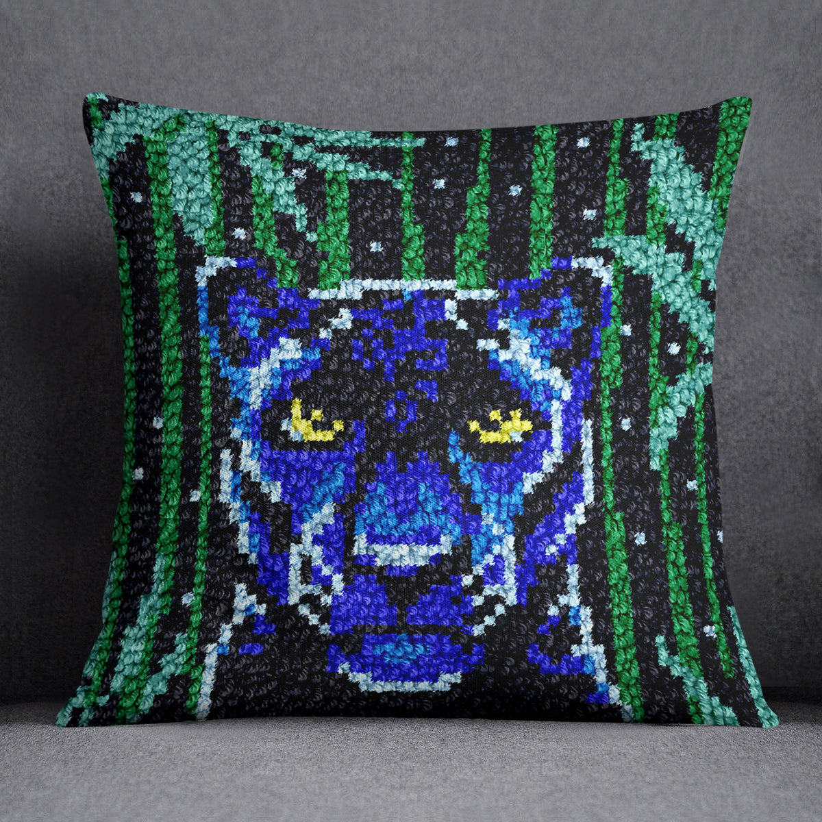 Mystic Blue Panther in the Jungle - Latch Hook Pillow Kit