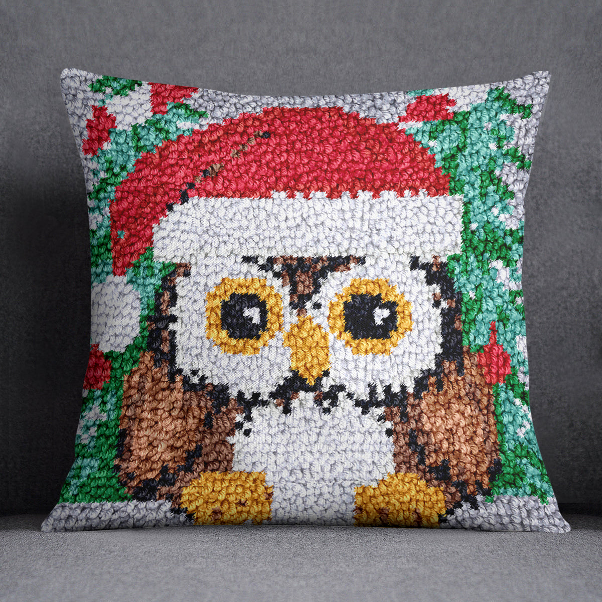 Festive Owl in Santa Hat - Latch Hook Pillow Kit