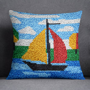 Colorful Nautical Scene with Sailboat - Latch Hook Pillow Kit