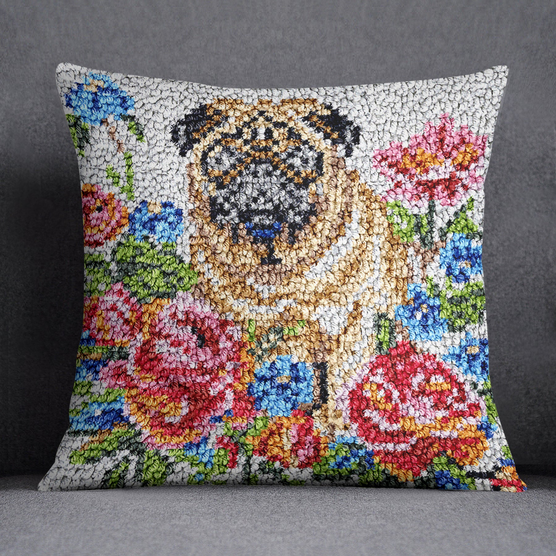 Charming Pug in Floral Splendor - Latch Hook Pillow Kit