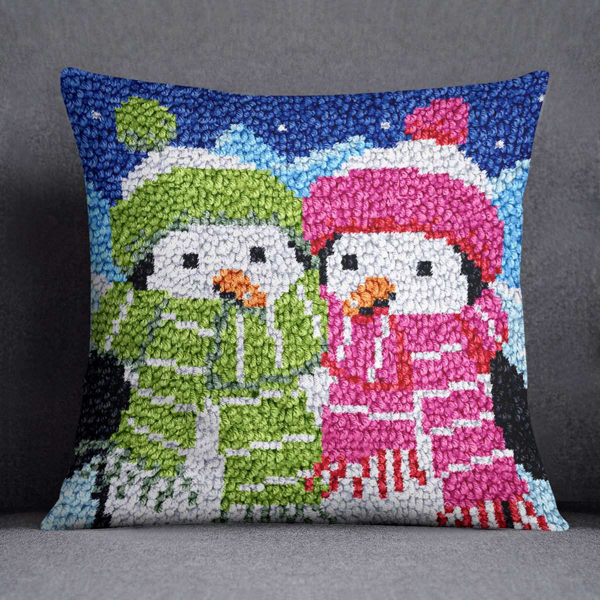 Cozy Penguin Pair in Winter Wonderland - Latch Hook Pillow Kit