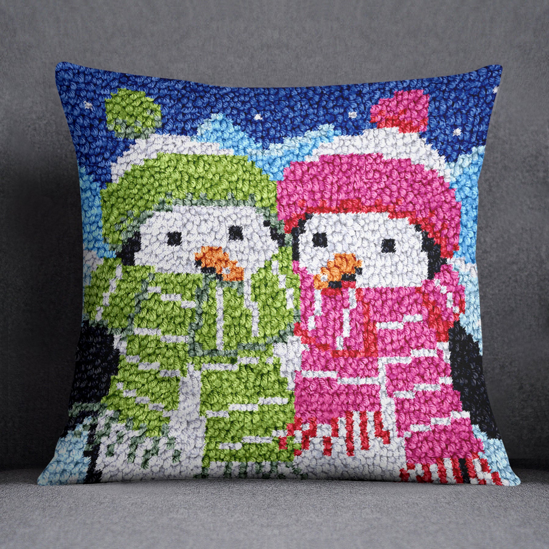 Cozy Penguin Pair in Winter Wonderland - Latch Hook Pillow Kit