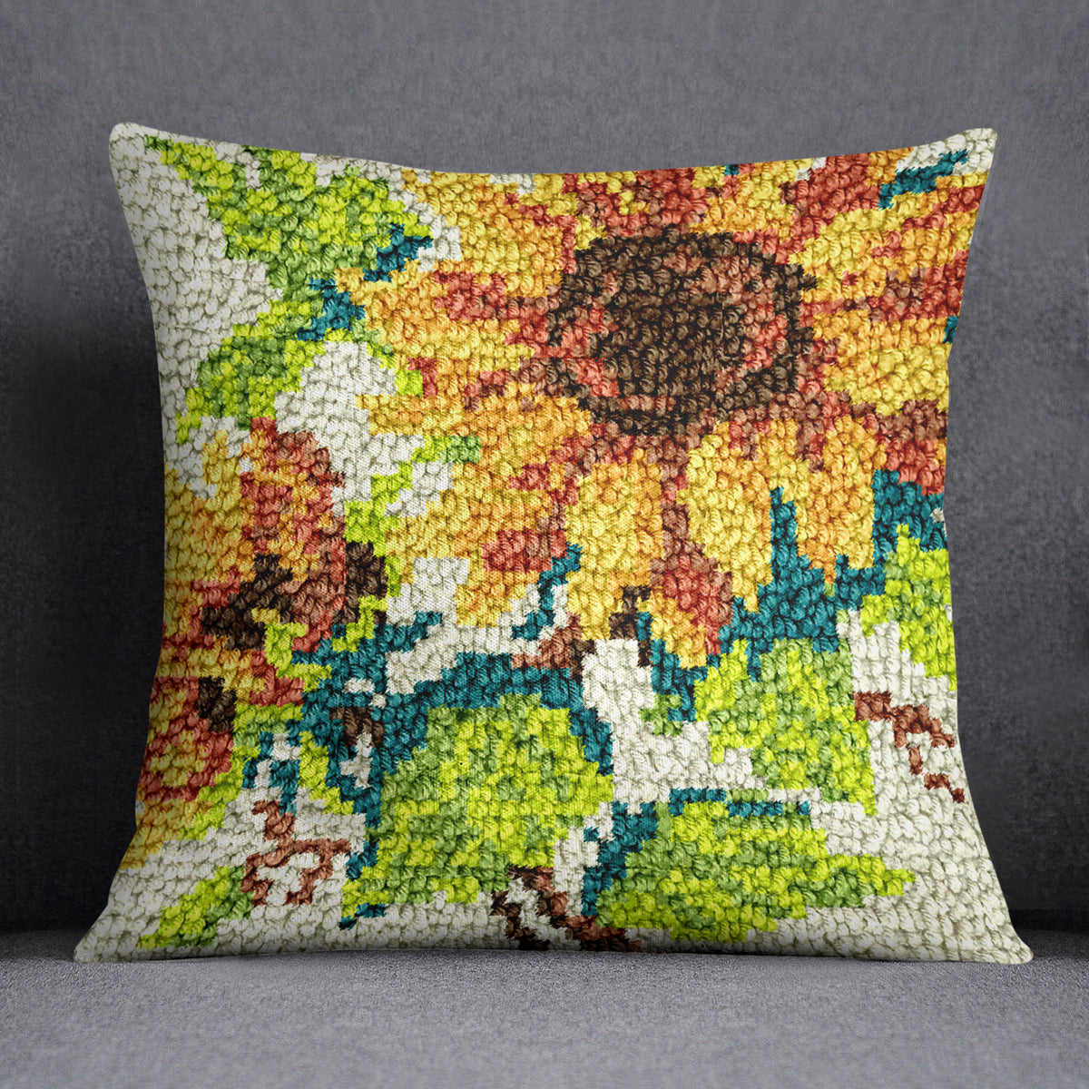 Vibrant Sunflower Embroidery - Latch Hook Pillow Kit