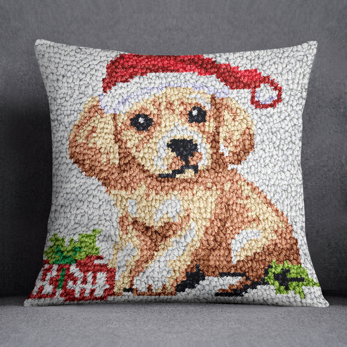 Festive Puppy Love - Latch Hook Pillow Kit