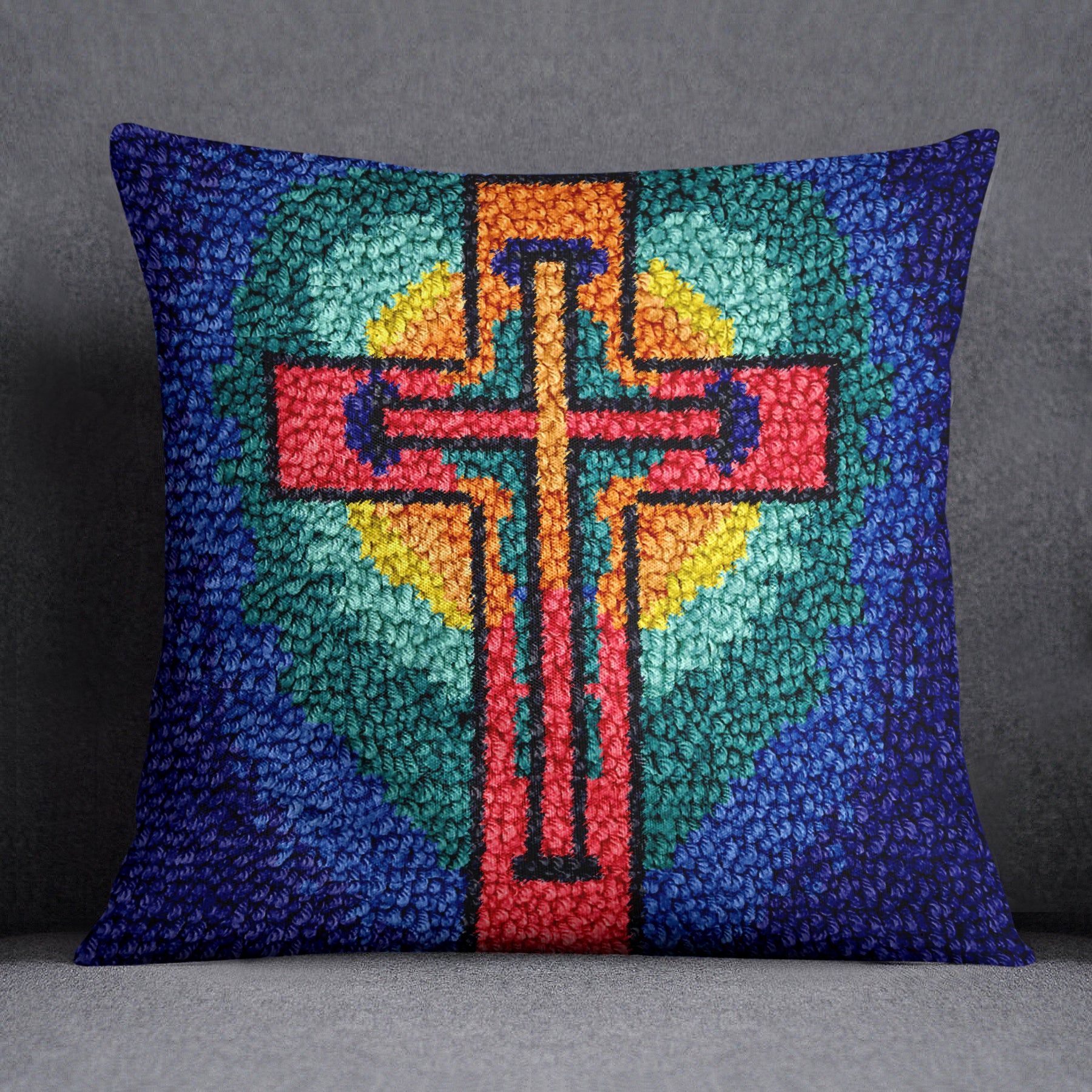 Vibrant Faith: Heart Cross Artwork - Latch Hook Pillow Kit