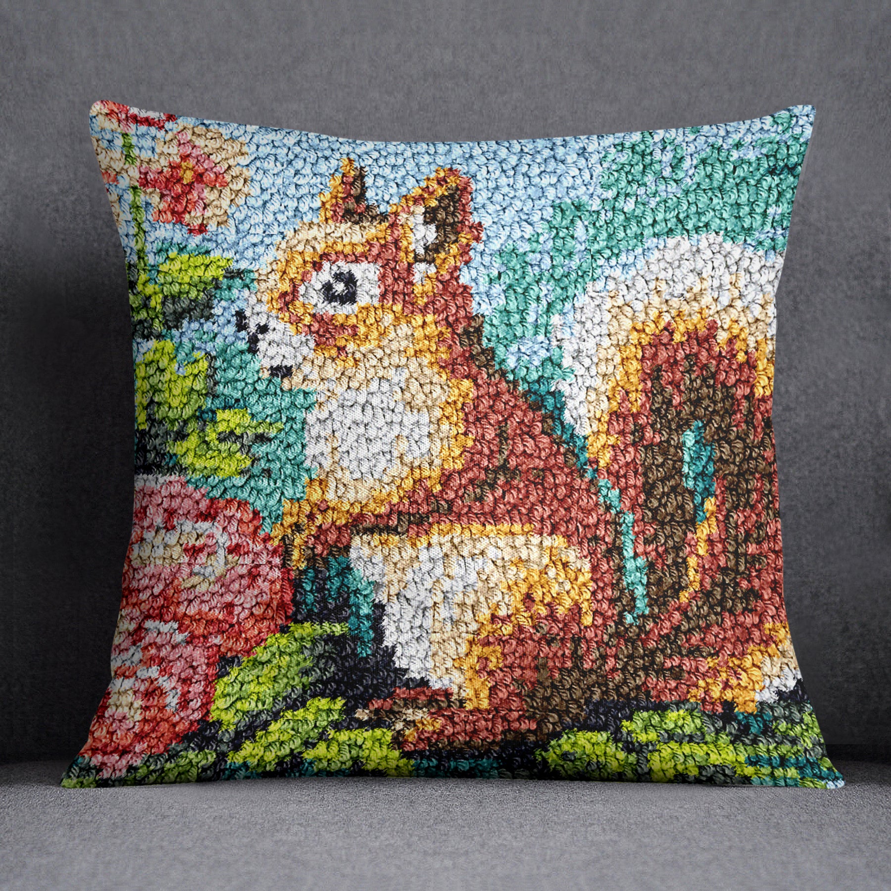 Charming Squirrel in Blooming Garden - Latch Hook Pillow Kit