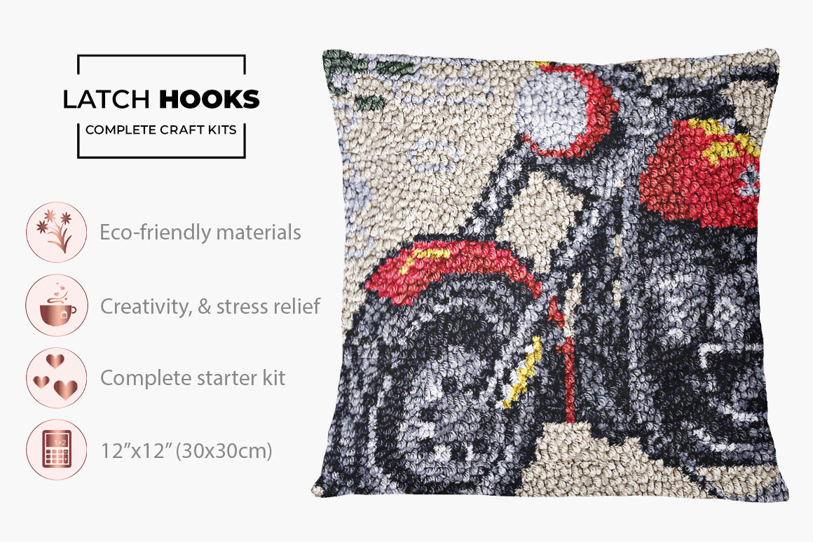 Vibrant Motorcycle Tapestry Art - Latch Hook Pillow Kit