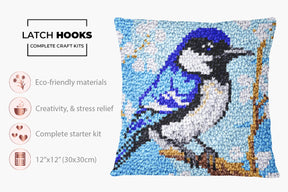 Serenity in Blue: A Blue Jay's Paradise - Latch Hook Pillow Kit