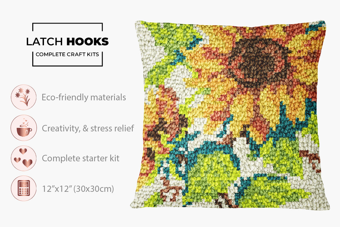 Vibrant Sunflower Embroidery - Latch Hook Pillow Kit