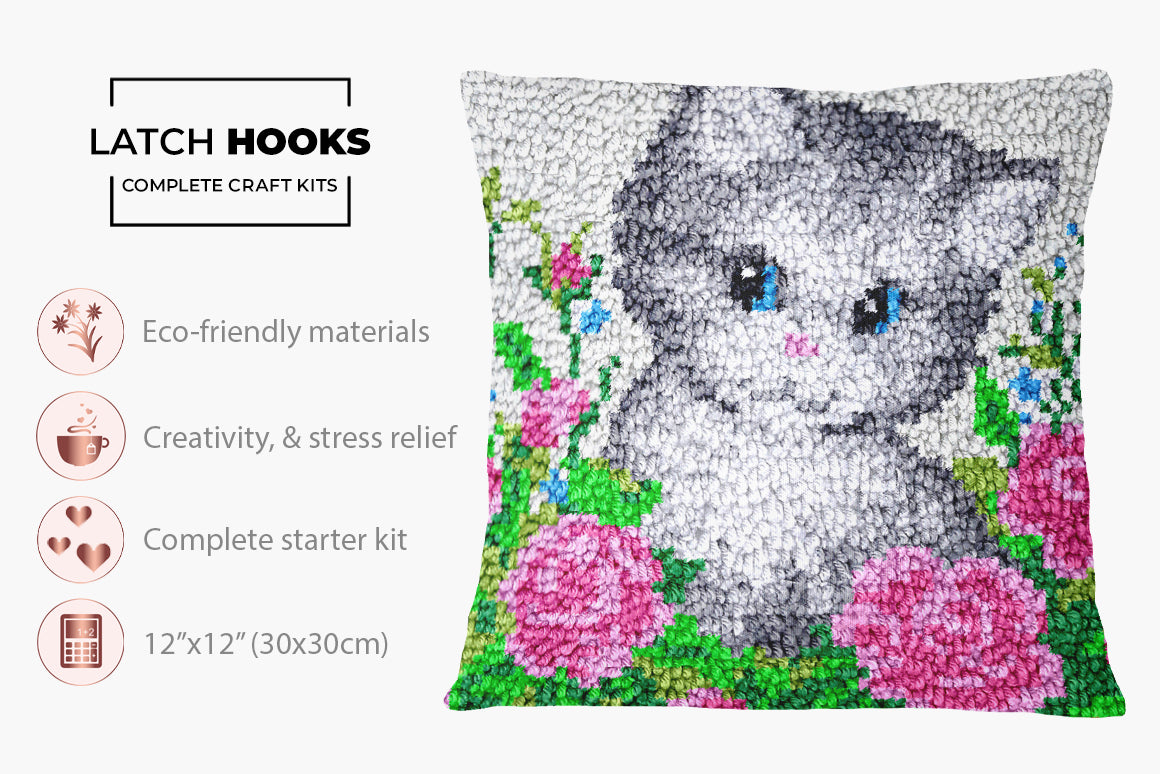 Whimsical Kitten in Floral Garden - Latch Hook Pillow Kit