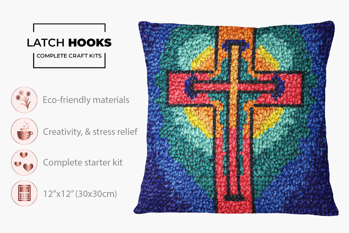 Vibrant Faith: Heart Cross Artwork - Latch Hook Pillow Kit