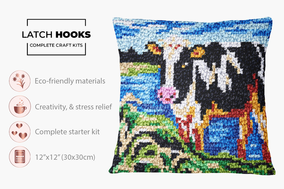 Pastoral Serenity: The Cow by the Stream - Latch Hook Pillow Kit